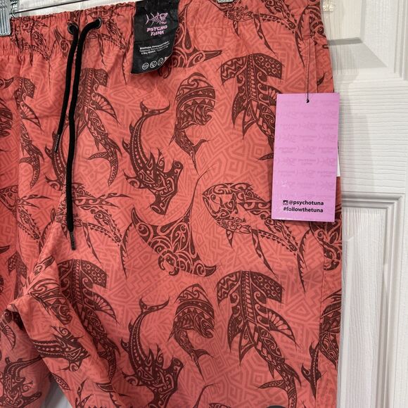 Psycho Tuna Men's XL Swim Trunks Shorts Tribal Fish Print Peach Echo - Picture 2 of 12